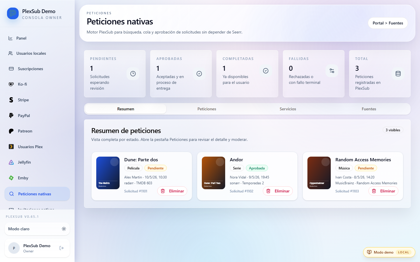 Cola administrativa de peticiones nativas