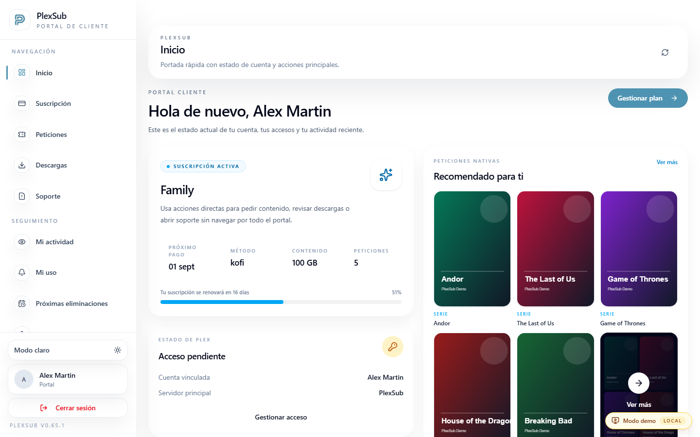 Inicio del portal del cliente con plan, avisos y accesos principales
